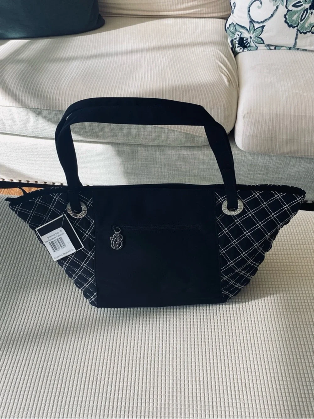 Vera Bradley Black Quilted-Trim Tote with Silver Charm